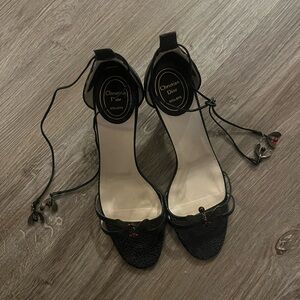 RARE Vintage Dior Black Strappy Heels with Gemstone Bee Accents
